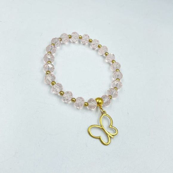 Women Pink Cristal Bracelet Beads With Metal Butterfly Gold Tone - Picture 6 of 8